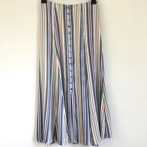 Anthropologie Maeve Satin Purple Green striped Button Front A-line Midi Skirt - Picture 5 of 16